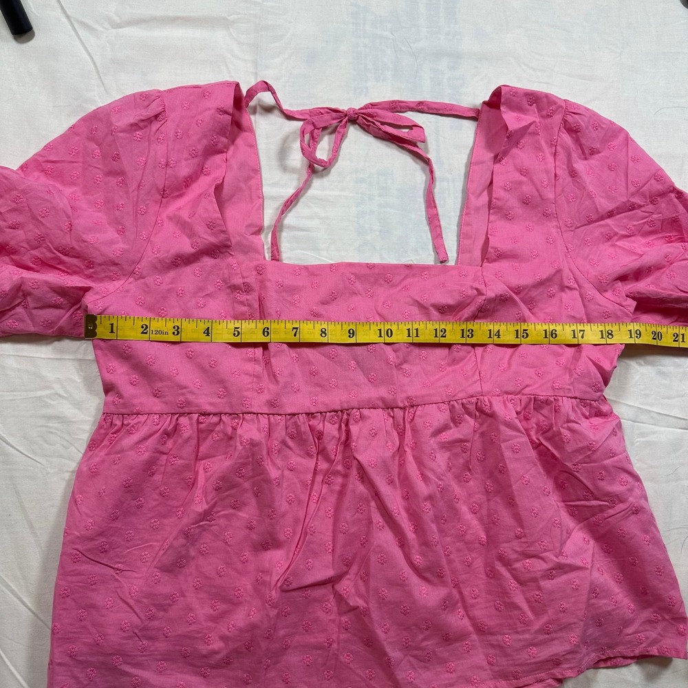 ModCloth Pink Swiss Dot Puff Sleeve Babydoll Top Size L Cottagecore - Picture 7 of 8
